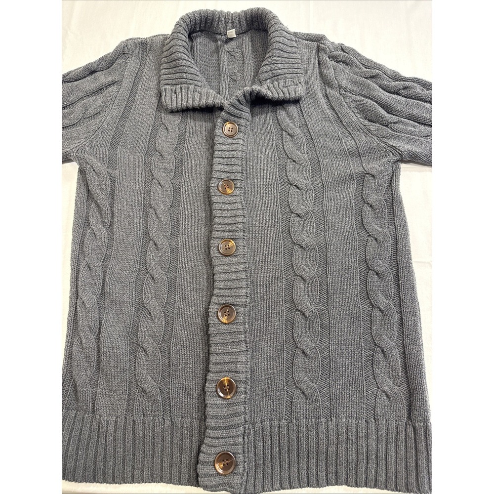 Sweater‎ CARDIGAN WOMEN MEDIUM CHARCOAL 3D Cable Knit Fisherman BUTTON UP